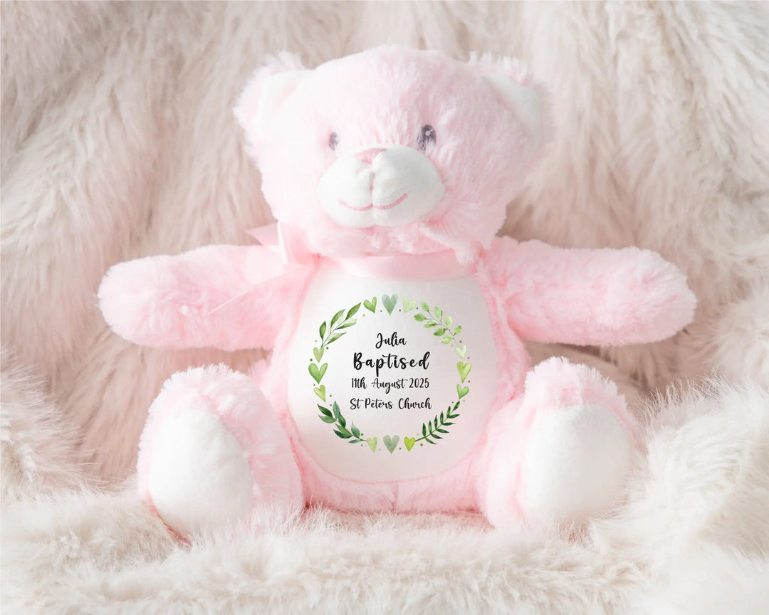Personalised Teddy Christening / Baptism Green Wreath Plush Toy Gift for Kids