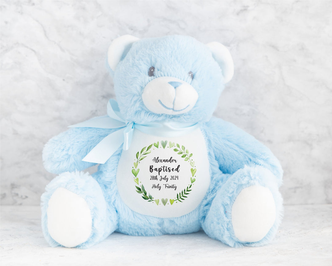 Personalised Christening / Baptism Green Wreath Teddy - Gifts Handmade