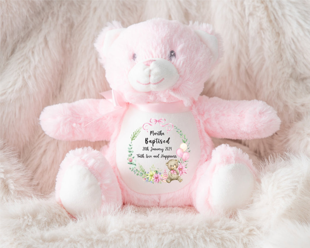 Personalised Christening / Baptism Pink Wreath Teddy - Gifts Handmade