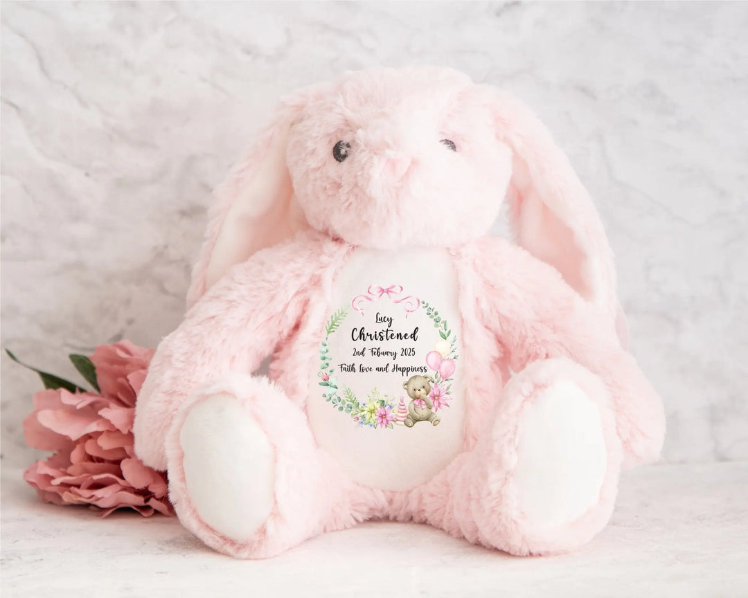 Personalised Teddy Christening / Baptism Pink Wreath Plush Toy Gift for Kids