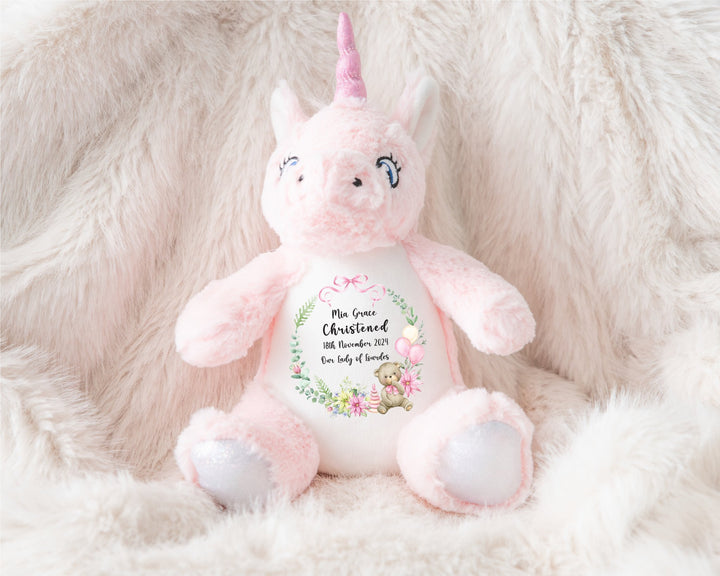 Personalised Christening / Baptism Pink Wreath Teddy - Gifts Handmade