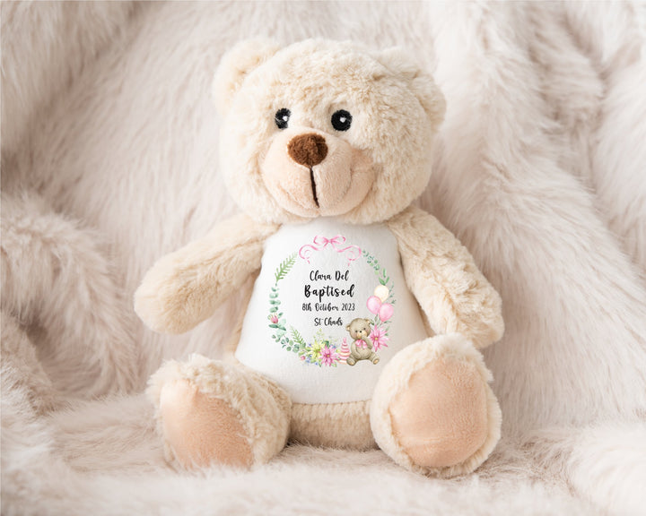 Personalised Christening / Baptism Pink Wreath Teddy - Gifts Handmade
