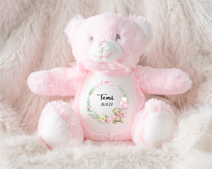 Personalised Pink Wreath Teddy - Gifts Handmade